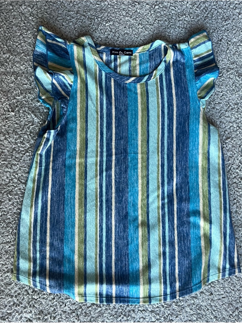 Kim & Cami Teal, Navy & Aqua Striped Ruffle Sleeve Top